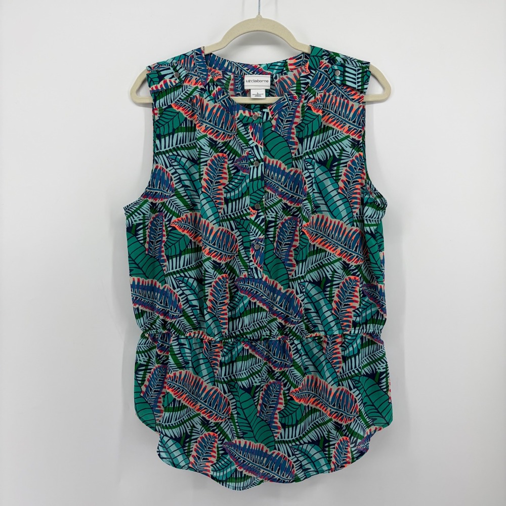 Liz Claiborne Womens Large Multicolor Tropical Leaf Print Sleeveless Blouse Tank